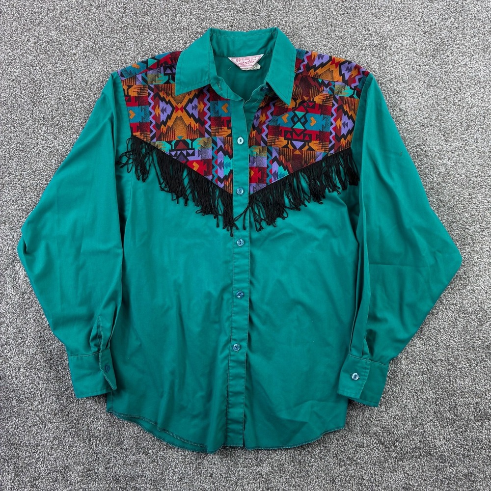Vintage H Bar C California Ranchwear Western Shirt Adult 10/34 Teal Aztec Fringe